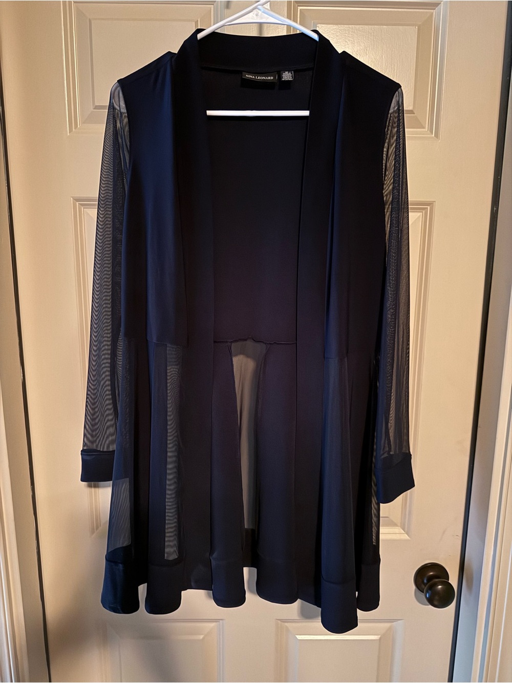 Nina Leonard Navy Sheer Sleeve Open Front Cardigan